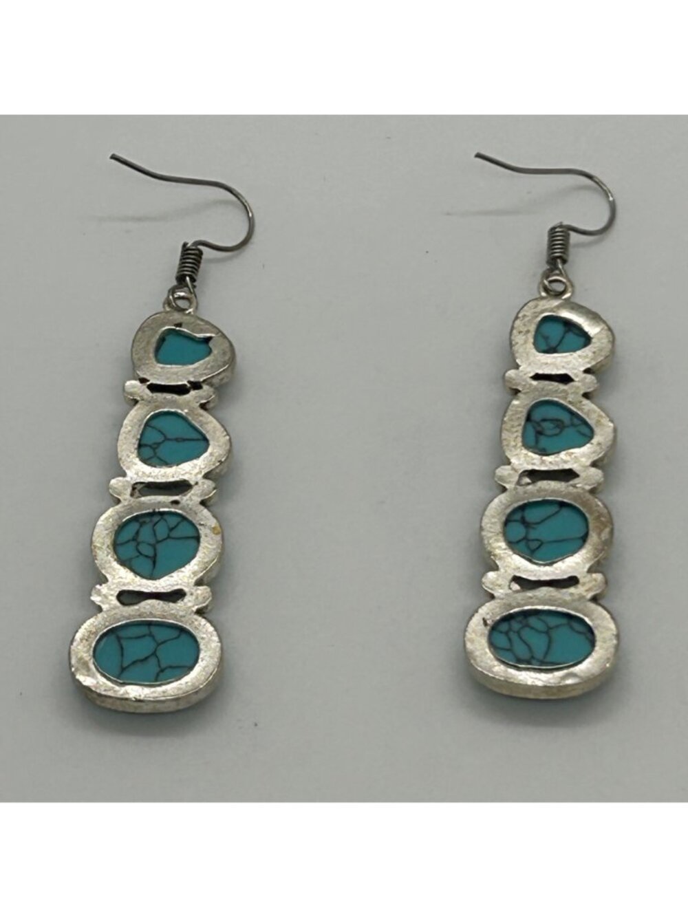Boho Faux Turquoise Acrylic Dangle Earrings Silver Tone Western Southwest Drop J - Picture 7 of 7